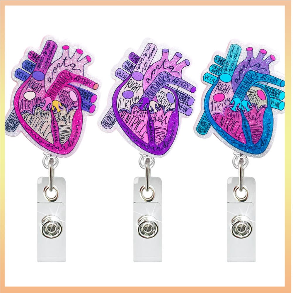 Clip Elástico Glitter Acrílico Coração Doctor Nurse Student Teacher Porta Crachá Retráctil