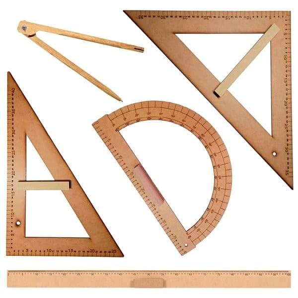 Kit Geométrico do Professor Mdf Com Régua 1 Metro, 1 Compasso 40 cm, 1 Transferidor e 2 Esquadros