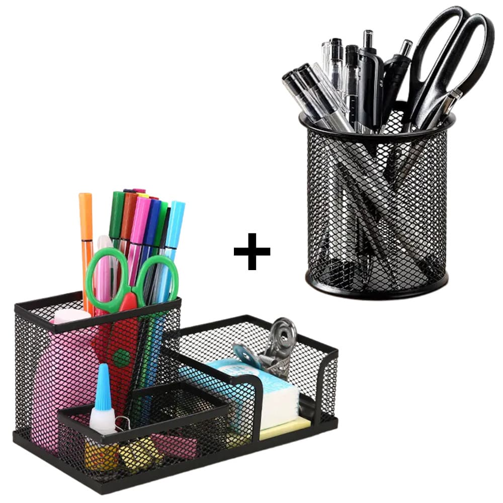Kit Organizador De Mesa e Porta Caneta Lápis Aramado Metal Cesto Conjunto Porta Treco Telado Post It