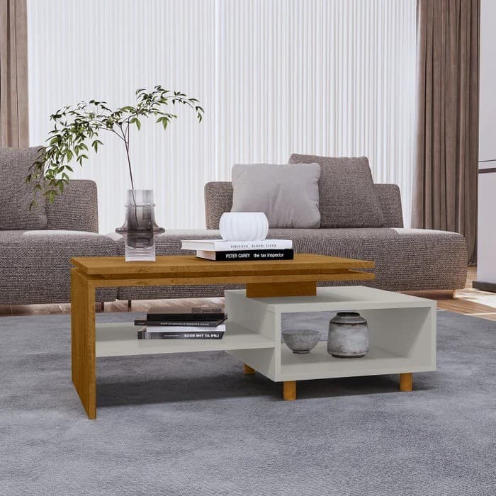 Mesa de Centro Decorativa Lima para Sala Tampo Duplo Design Moderno - Naturalle/Off