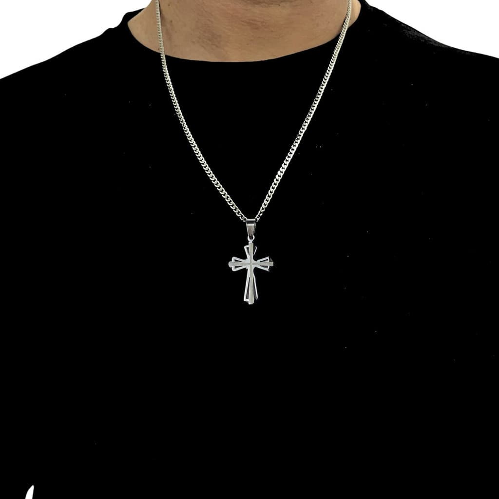 Corrente De Prata Aço Inox 60cm 2mm + Pingente Crucifixo