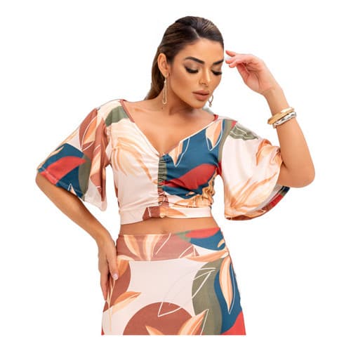 Blusa Cropped Manga Ampla Morcego Elegante Decote V Multiuso Não Amassa Estampado