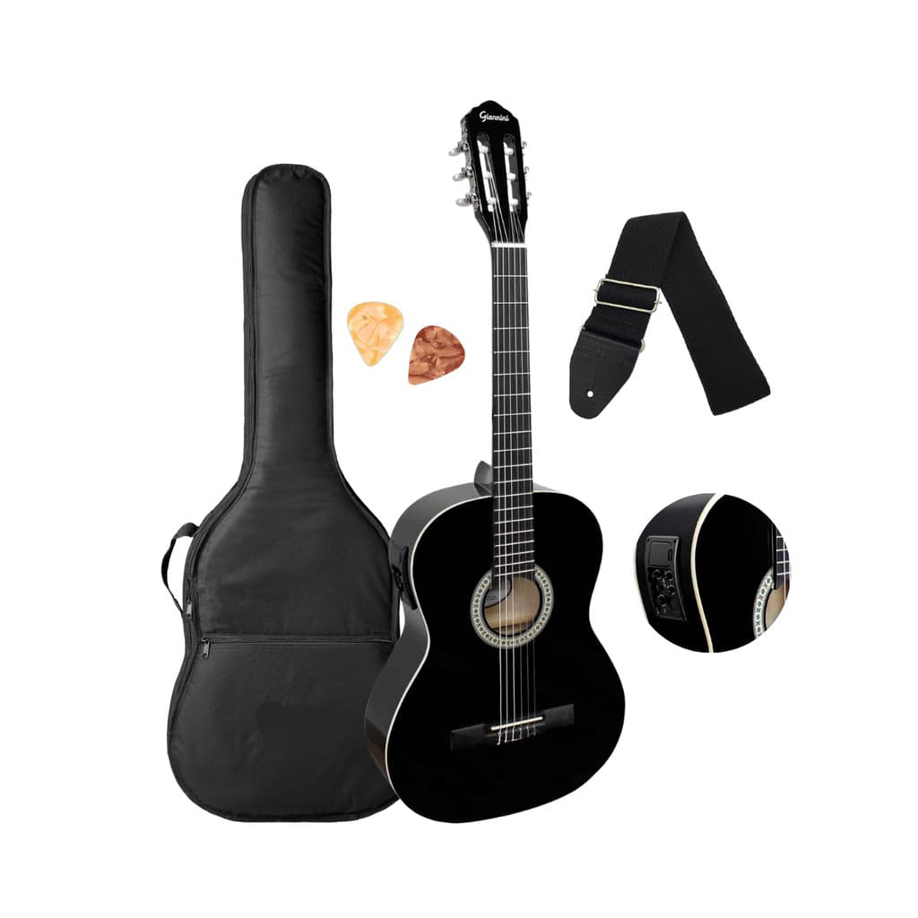 Violão Elétrico Nylon Gianni Start N-14 EQ BK Adulto Destro Preto Brilhante + Acessórios