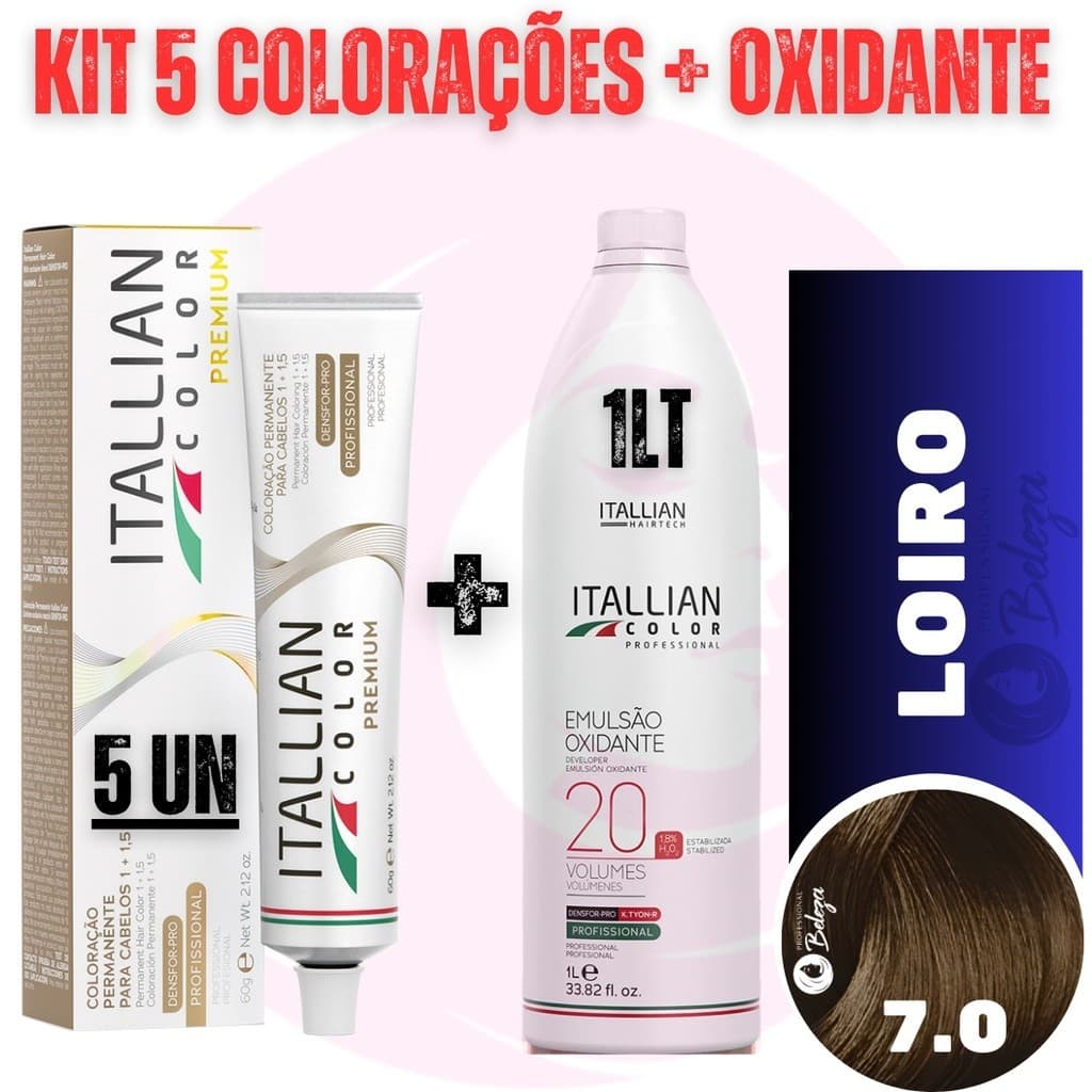 Kit 5 Tinta De Cabelo 7.0 Profissional Itallian Color + Ox20