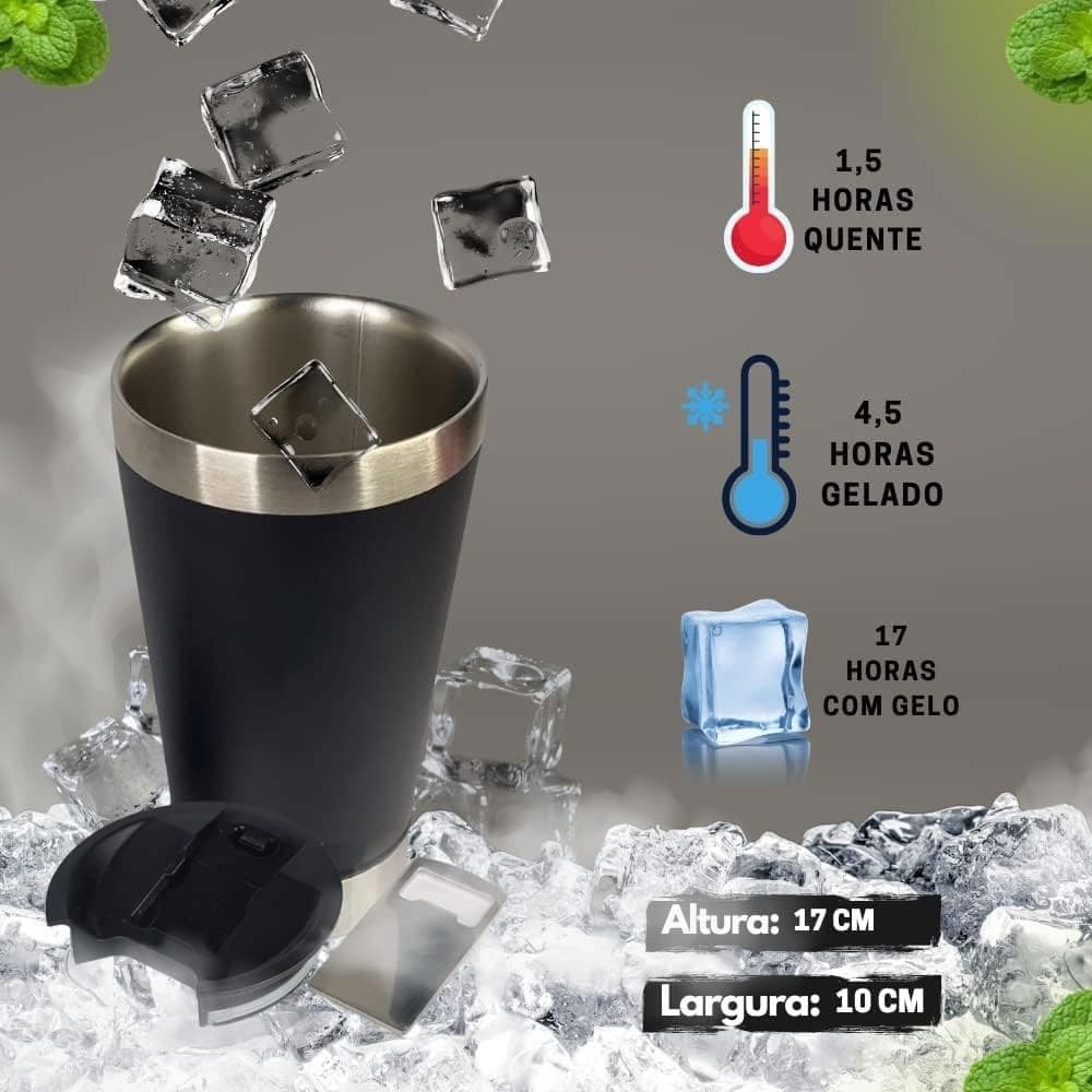 Copo Térmico Preto para Cerveja/Café com tampa 473ML