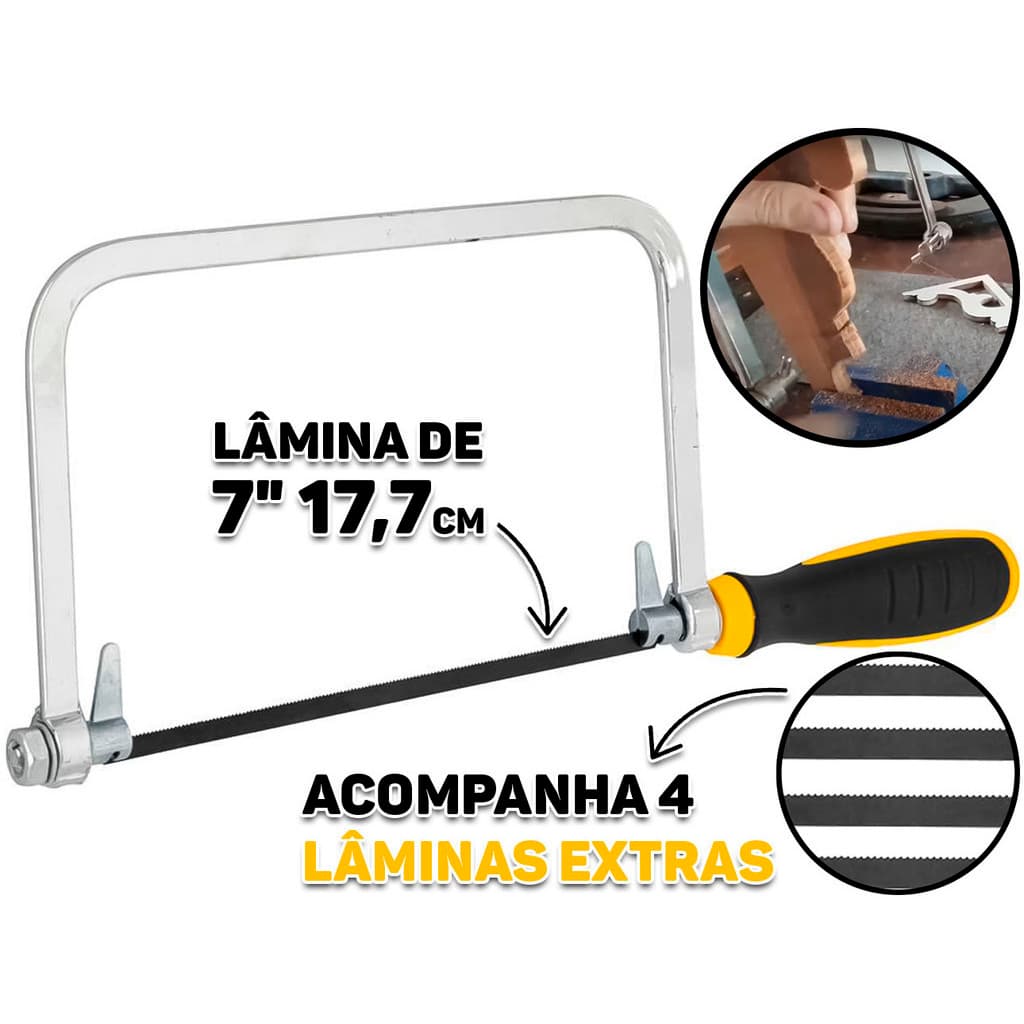 Arco Para Serra Tico Tico Aço Carbono Cabo Emborrachado 7 Polegadas Madeira Artesanato + 5 Lâminas