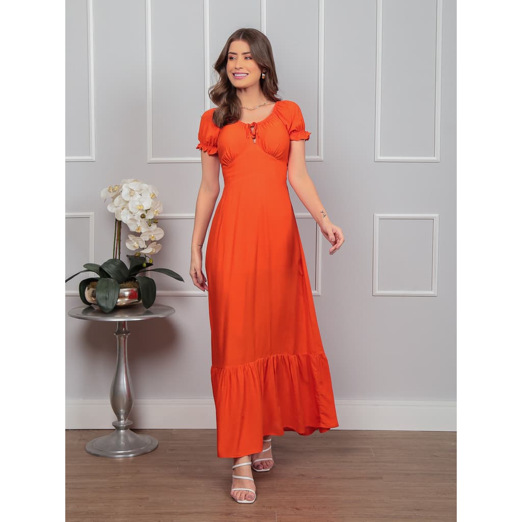 Vestido Longo Com Manga e Amarração no Bojo
