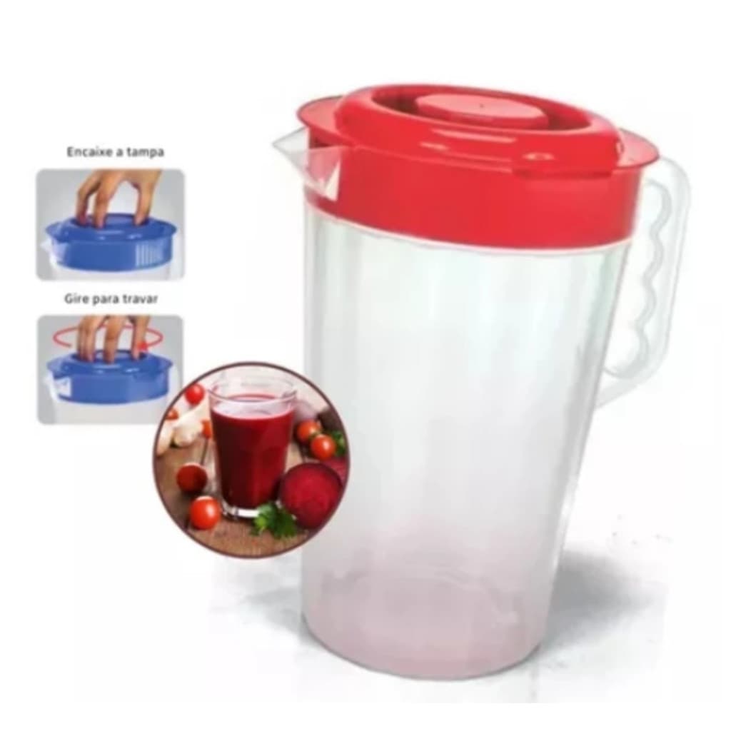 Jarra De Suco/Água Plástico  Transparente Com Tampa Colorida 1,75L