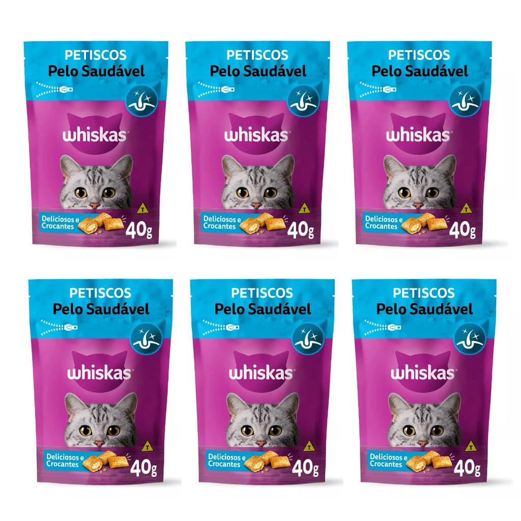 6x Petiscos Whiskas Temptations Pelo Saudavel 40g Gatos