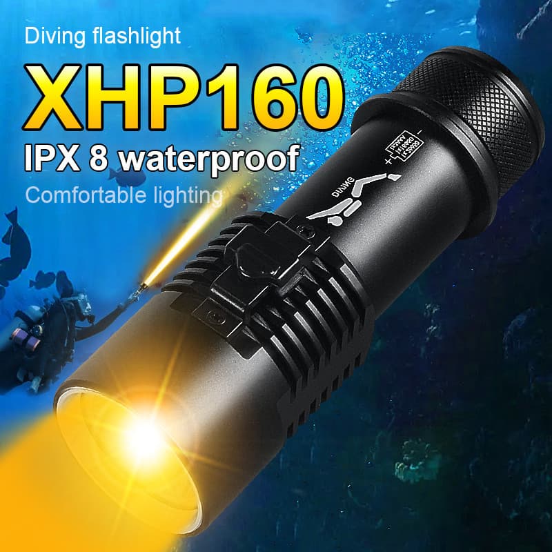 Lanterna Super Brilhante Profissão XHP160 De Mergulho Potente LEDs Subaquáticos Mão Amarela Recarregável À Prova D'água