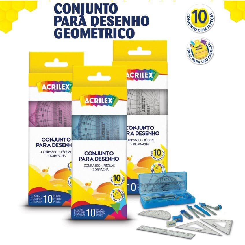 Kit Conjunto Desenho Geometrico Acrilex (compasso+reguas+borracha)