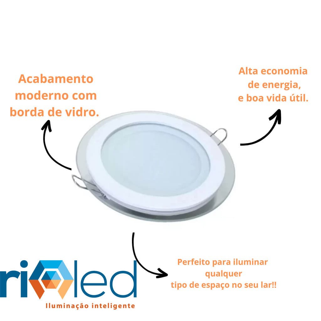 01 Luminária Redonda Painel Plafon Borda De Vidro Branco Frio 12W