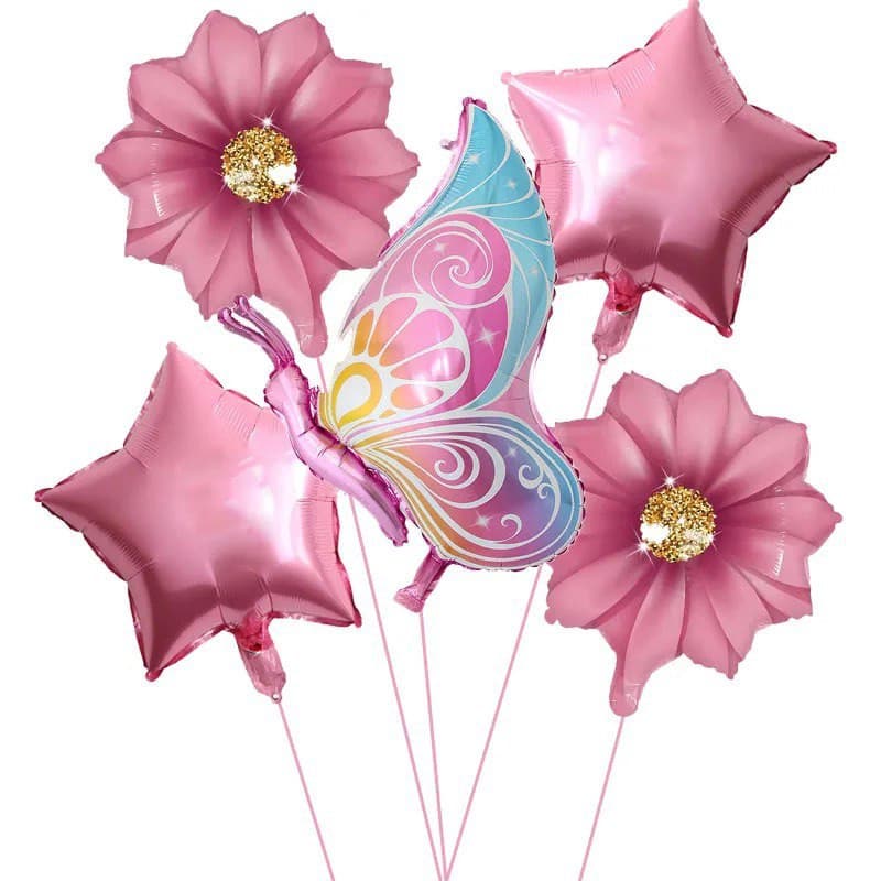 Kit c/ 5 Balão Metalizado Borboleta + Flor + Estrela Festa Jardim Encantado Decoração Enfeites Aniversario
