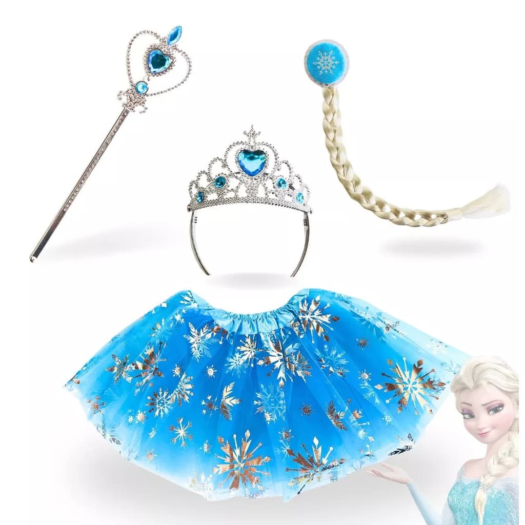 Kit Fantasia Infantil De Frozen/Saia+Tiara+Varinha+Trança+Faixa