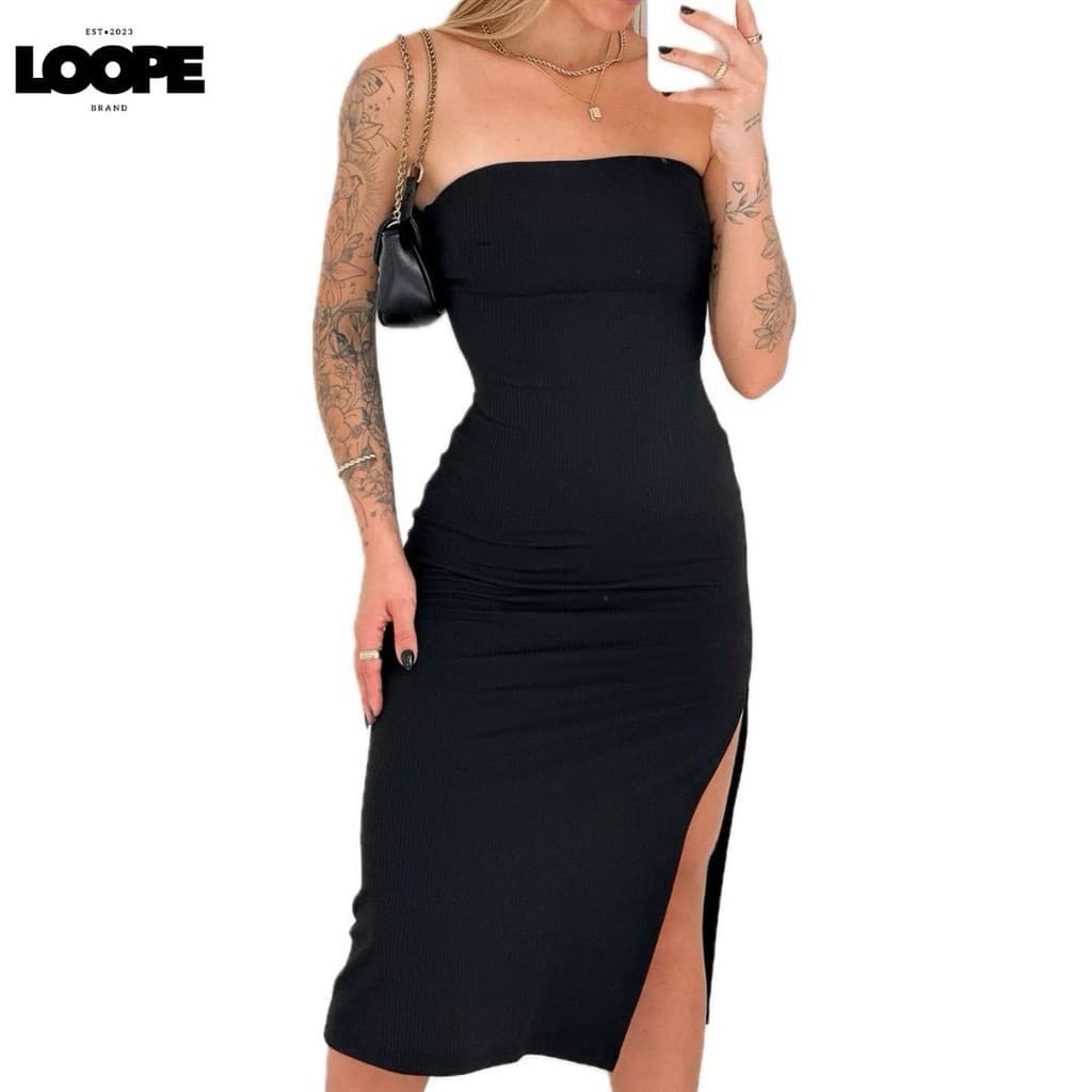 Vestido Tomara que Caia Longo com Fenda Lateral Canelado Premium