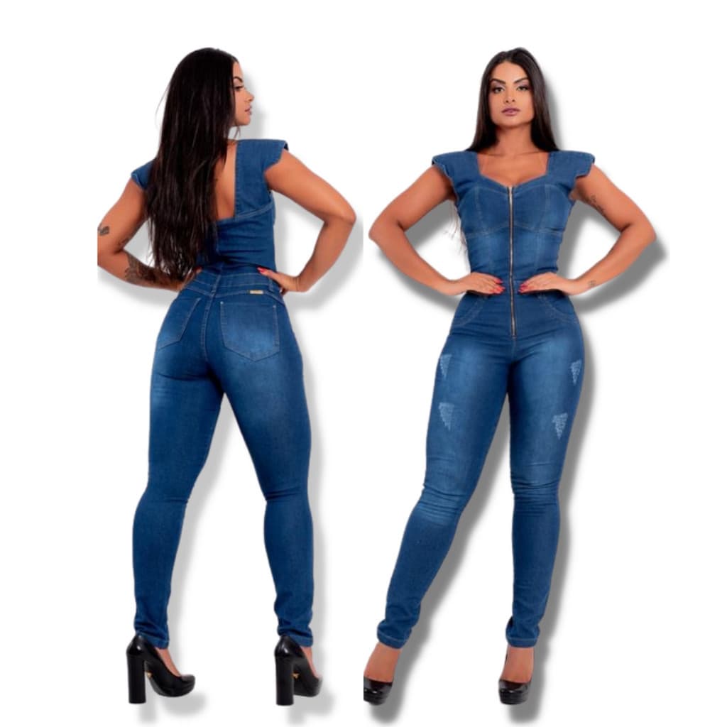 MACACÃO  LONGO FEMININO JEANS COM LYCRA  TIPO SKINNY  EM LAVAGEM ESCURA