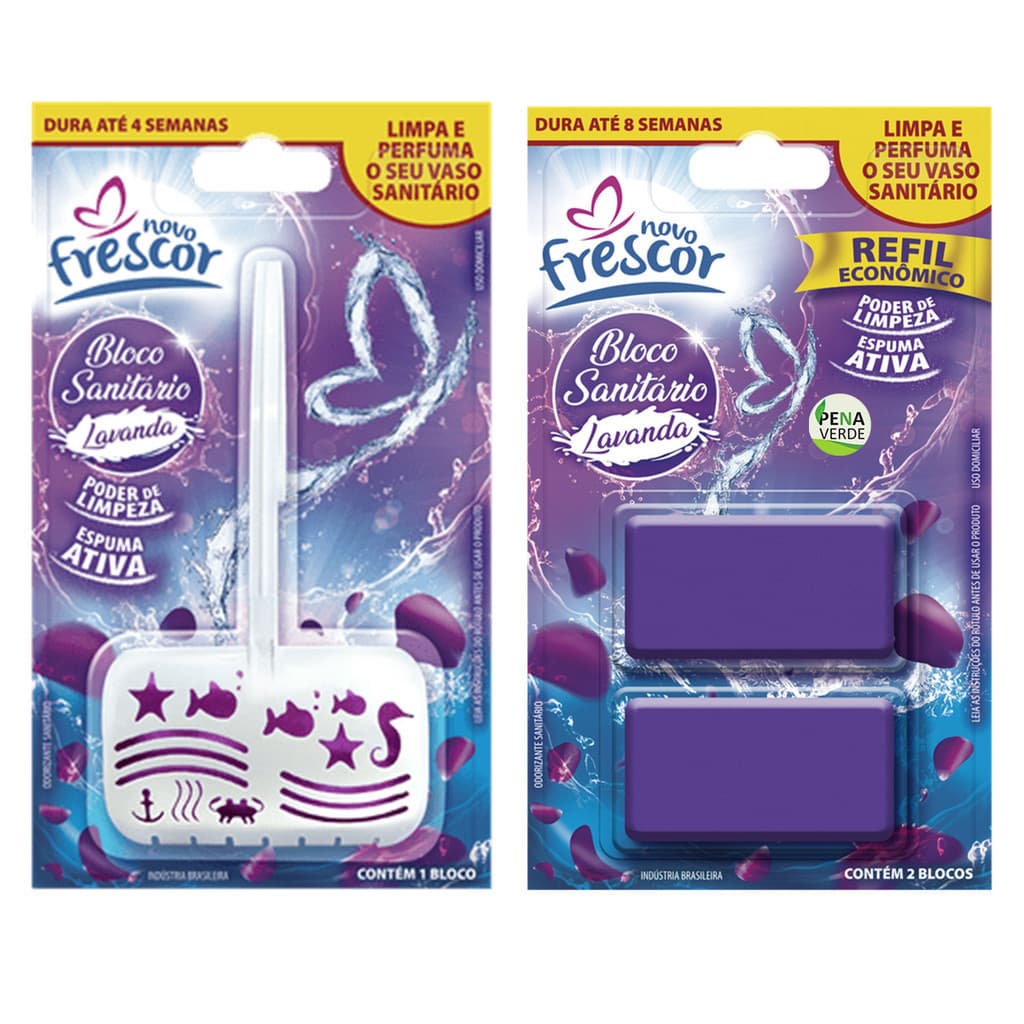 Pastilha Bloco Sanitário 30g Com Suporte + Refil Detergente Com 2 Blocos Reposição Novo Frescor