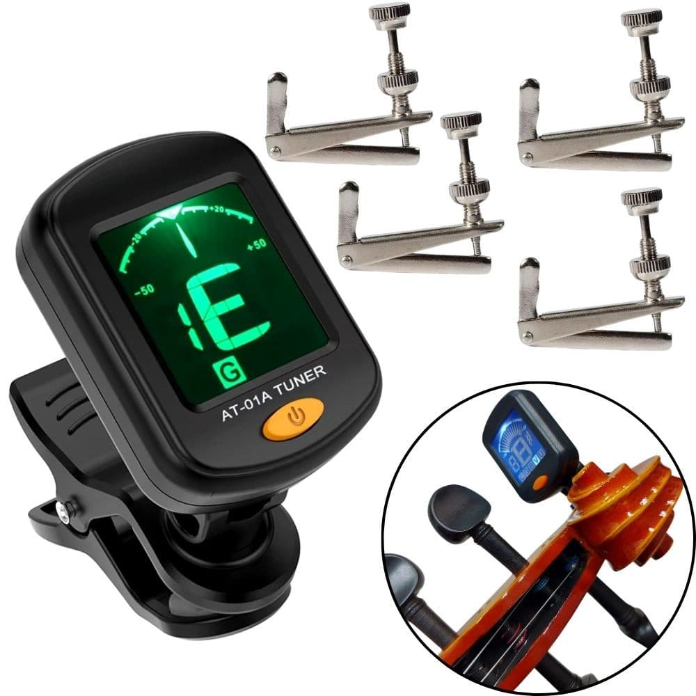 Kit Violino 4/4 Afinador Digital + 4 Micro Afinador Fixo em Metal para Estandarte