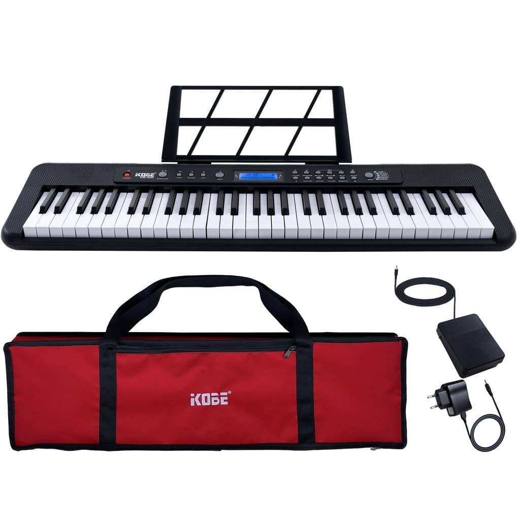 Kit Teclado Musical Kobe KB-300 5/8 61 Teclas Sensíveis ao Toque com Pedal Sustain e Capa Vermelha