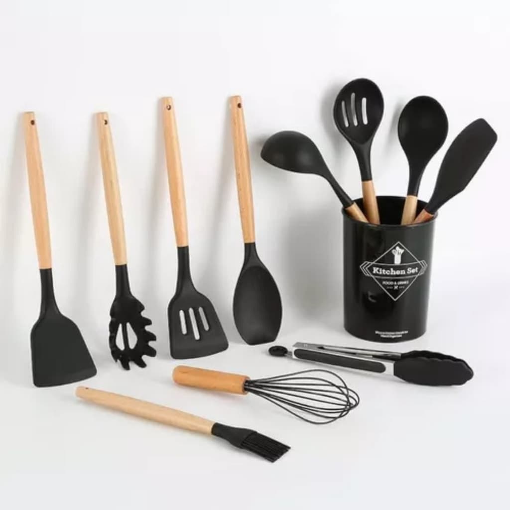 Jogo De Utensílos De Cozinha Em Silicone E Madeira 12 Peças Ofertas a pronta entrega