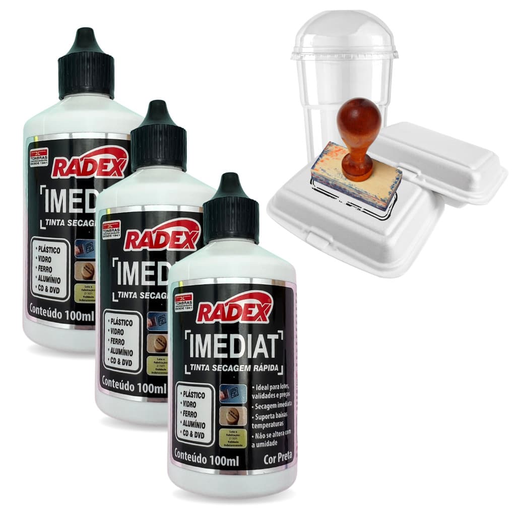 Kit 3 Unidades Tinta Para Carimbo Secagem Rápida Para Plástico 100ml Radex