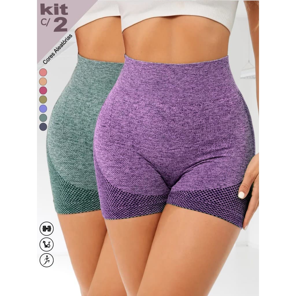 KIT c/2 SHORT FITNESS ACADEMIA LEVANTA EMPINA BUMBUM CINTURA ALTA PUSH UP YOGA ESPORTE