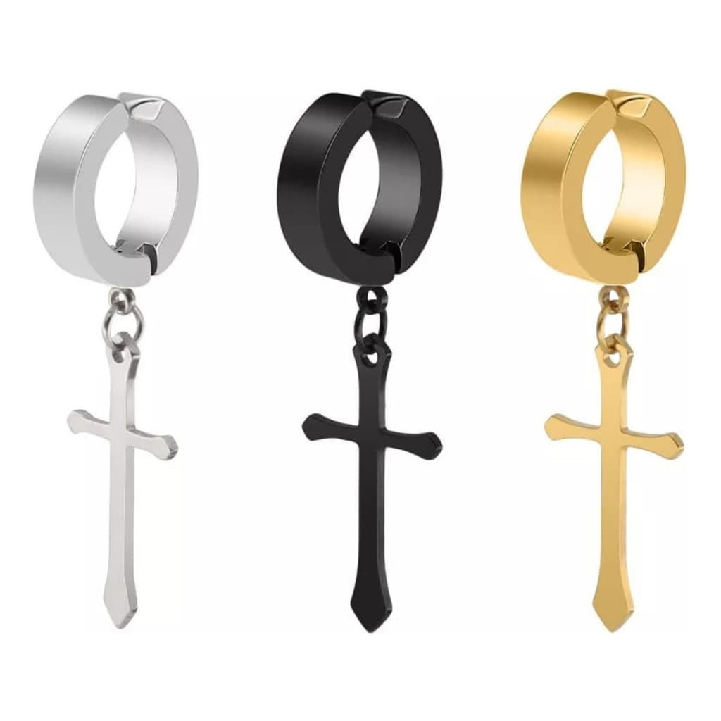 1 Pc Brinco Argola Pressão Cruz Preto Prata Dourado Homem
