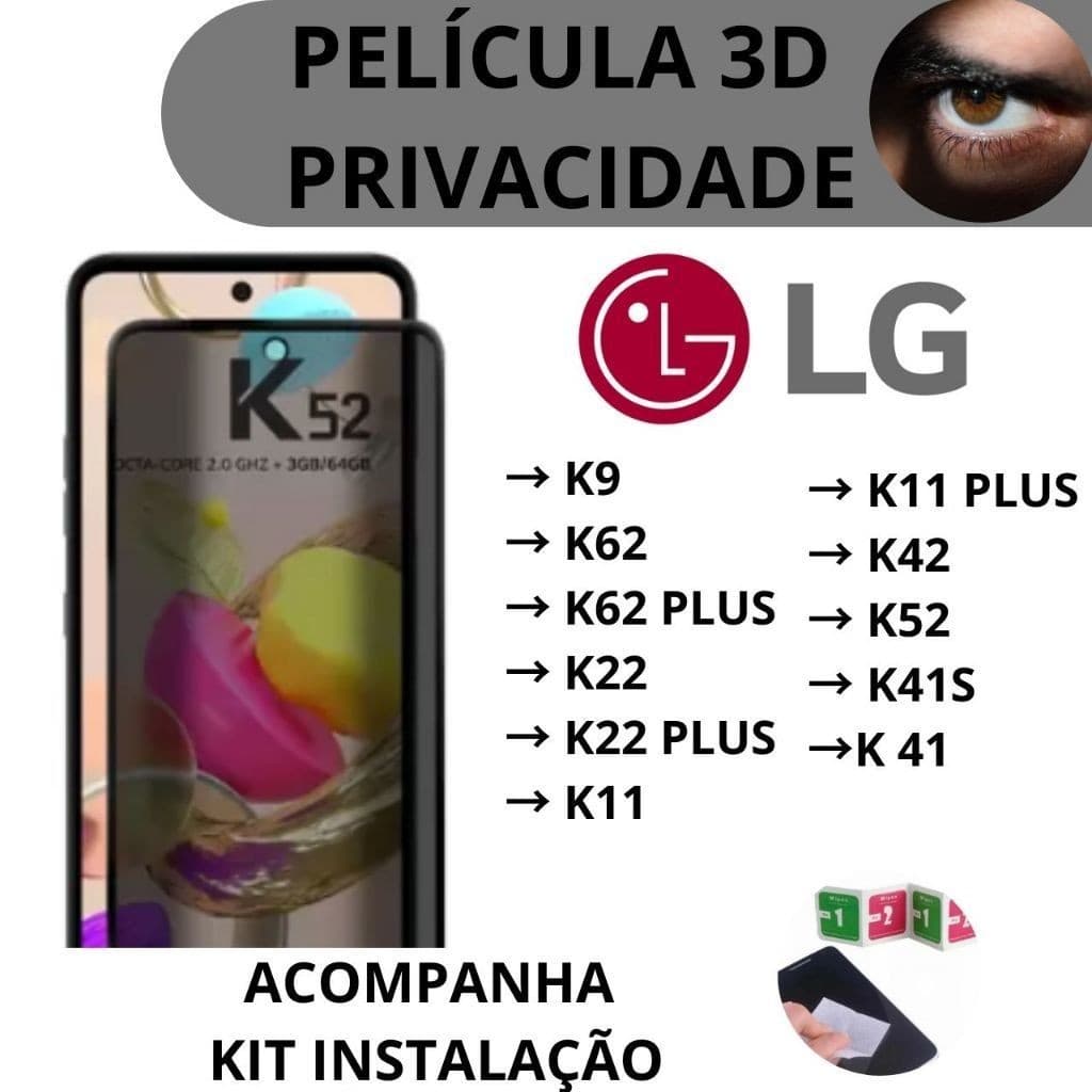 Película De Vidro 3D Privacidade Privative Para LG Modelos LG K22/ K22 PLUS  K42/K52/K62/K62PLUS  K41S  K51S