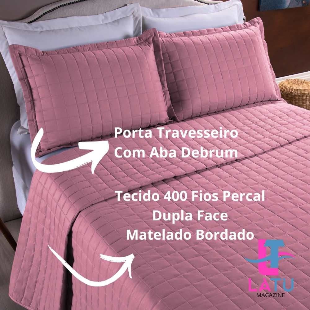 Colcha 400 Fios Percal Kit 3 Peças Cobre Leito Dupla Face Matelado Bordado Casal e Queen Athenas