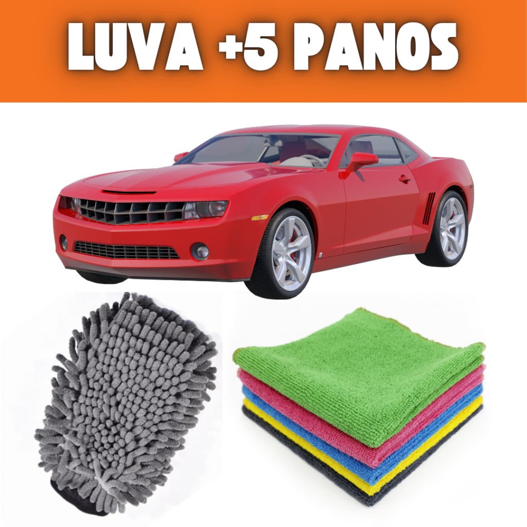 Kit 6 Lavar Carro Moto Limpeza automotiva Luva +5 Panos Microfibra Super Absorvente Multiuso