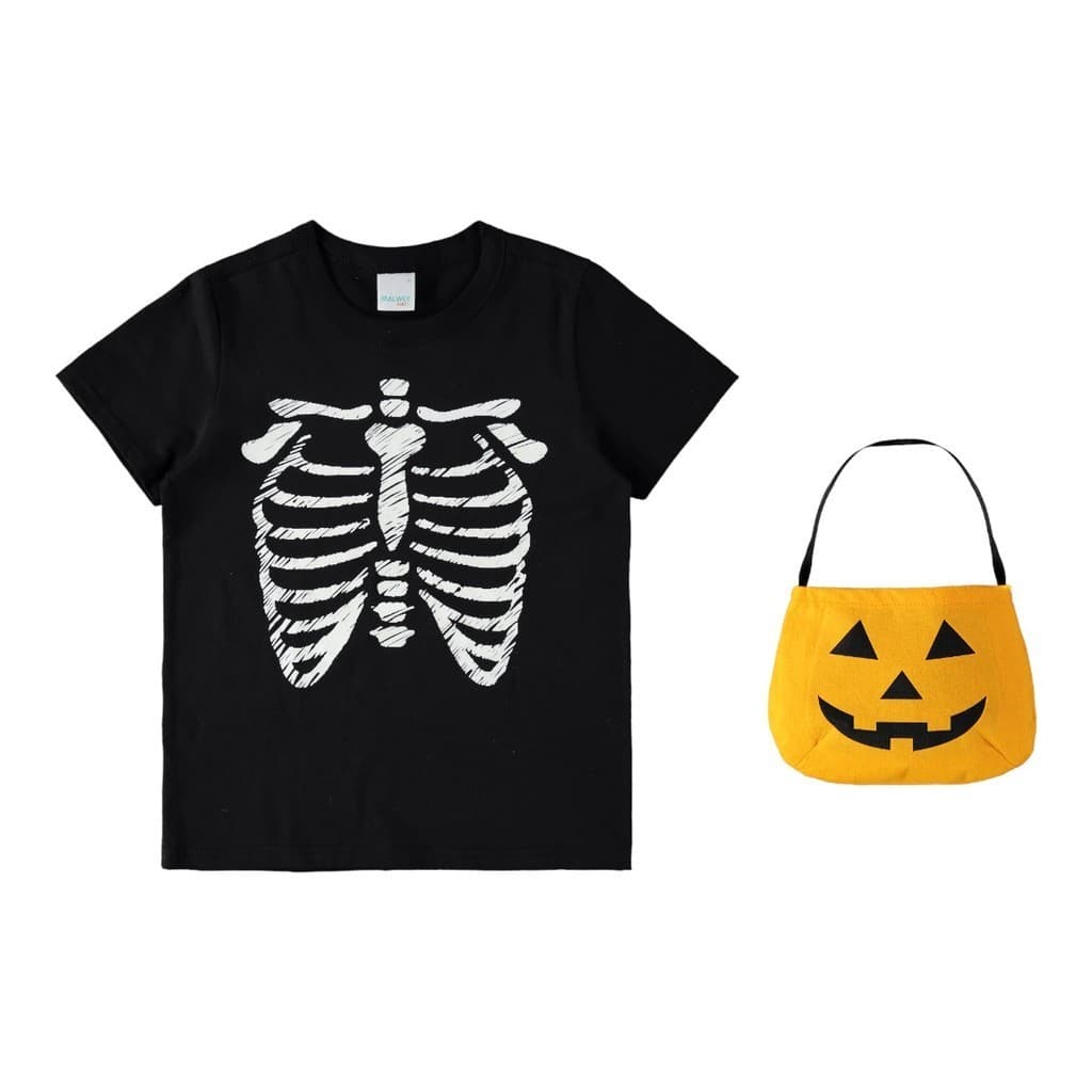 Camiseta Esqueleto com Bolsa Abóbora
