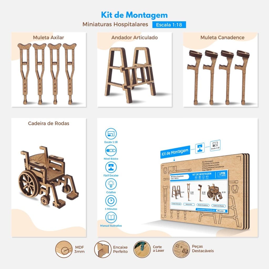Kit de Montagem 7 Miniaturas Hospitalares Cadeira de Rodas Escala 1:18 Maquete Diorama Puzzle 3D