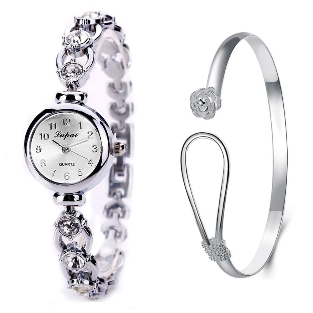 Kit Relógio Prata Feminino Pulseira Com Pedras + Bracelete
