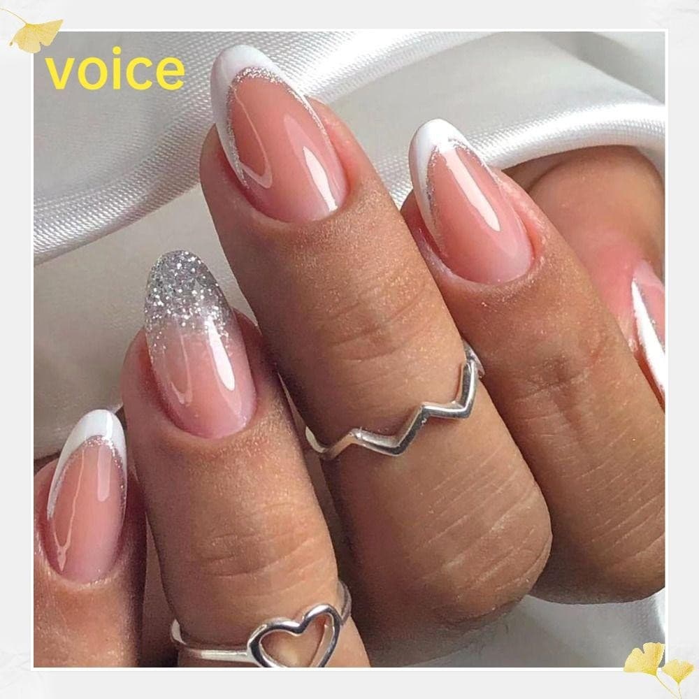 Voz Falso Nials , Unhas Postiças De Amêndoa Curta Francesa , Pontas De Destacáveis Simples Prata Branca Borda DIY