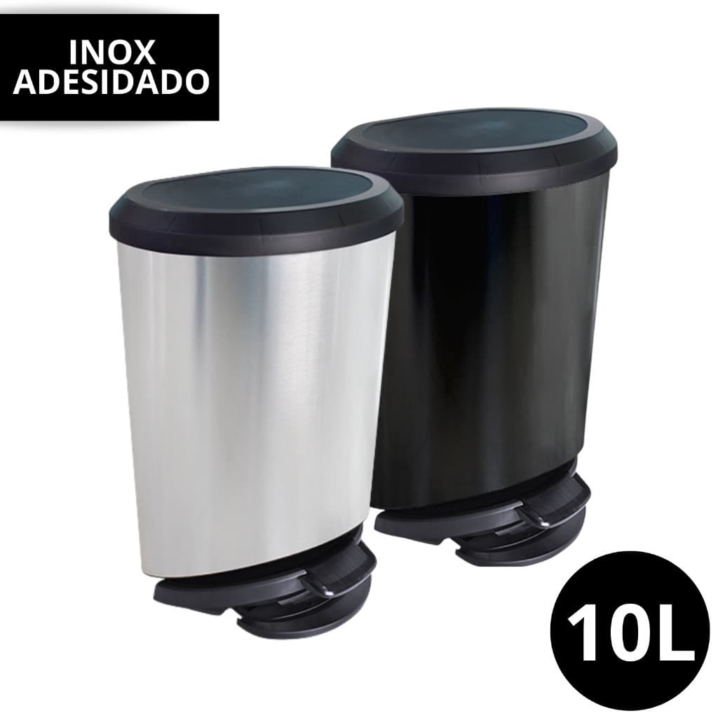 Lixeira Cesto Tipo Inox 10 Litros Com Tampa Com Pedal Prata Preto Label Plastico Automatica Para Banheiro Cozinha Quarto Escritório Cesta de Lixo Grande 10l Plástico Metalizado Plástica Lixeira Grande Para Cozinha kit Promoção Oferta