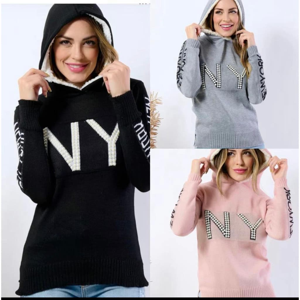 Blusa De Frio Trico Tricot Pelucia Capuz Touca  Ny