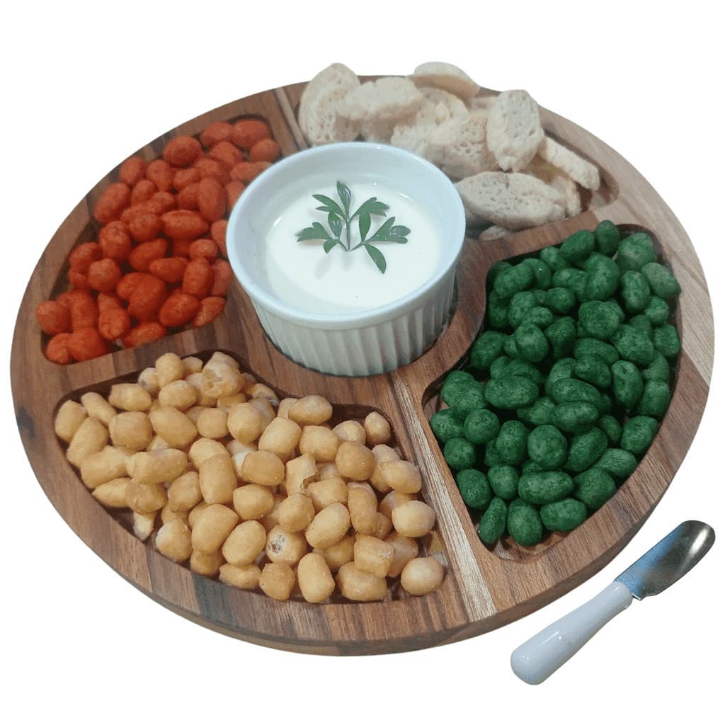 Petisqueira de Madeira Teca com Ramekin Bowl de Porcelana de 77ml + Espátula de Brinde