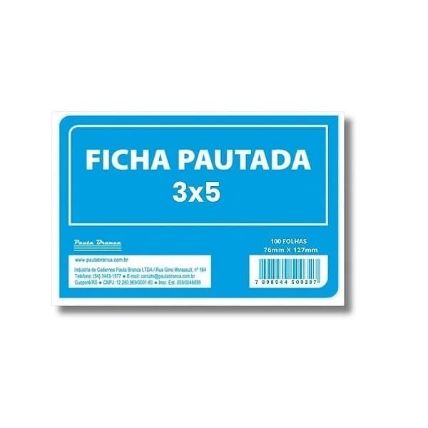 Ficha Pautada 3 x 5 7,6 x 12,7 cm 100 Folhas - Pauta Branca