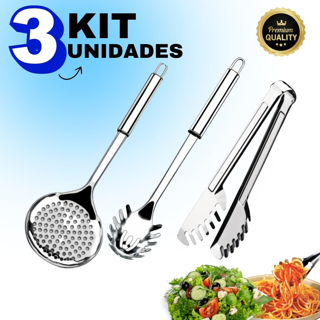 Kit 3 Utensílios De Cozinha 100% Inox Talheres Escumadeira Arroz Pegador Salada Macarrão