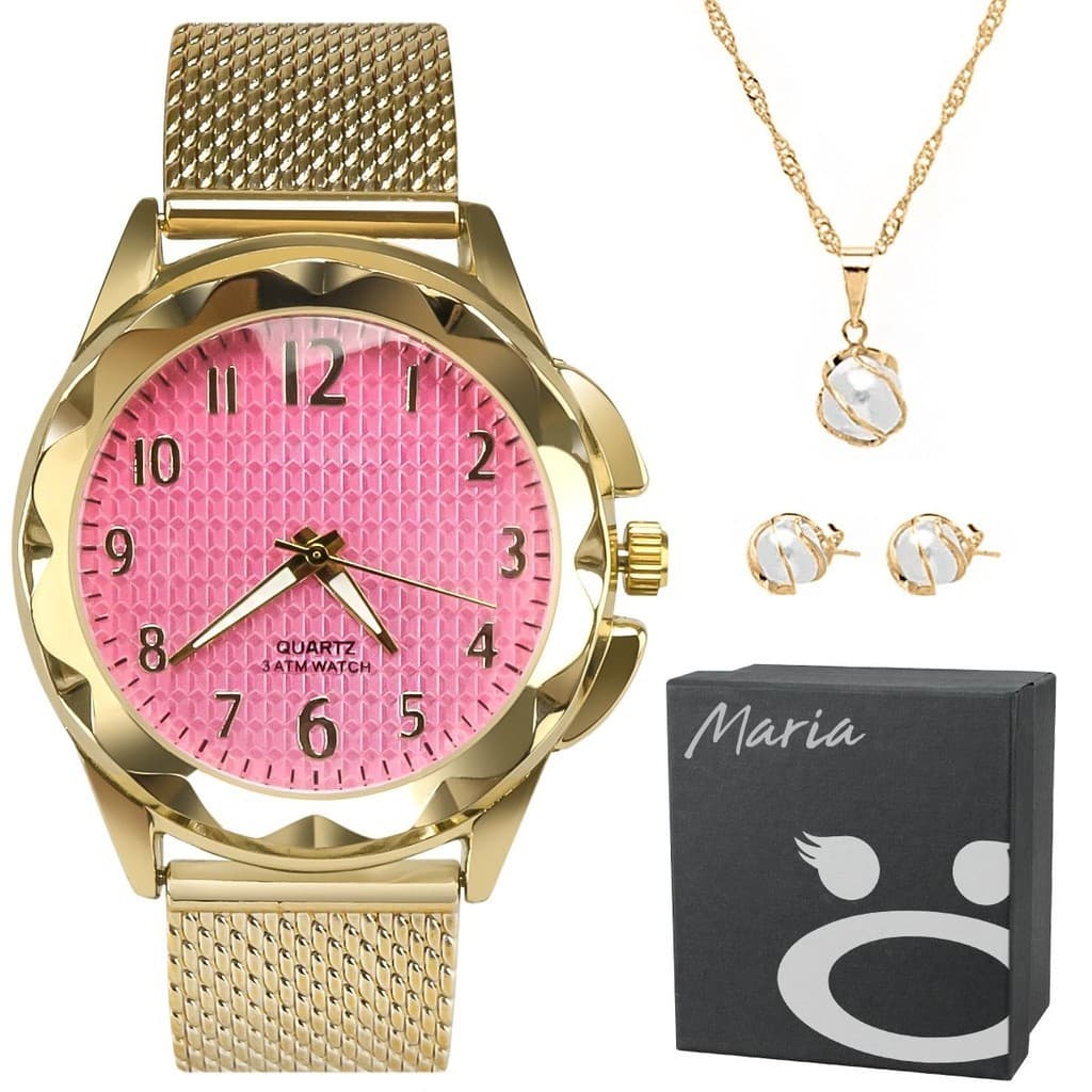 Relogio feminino prova dagua aço banhado + colar casual qualidade premium fundo rosa moda