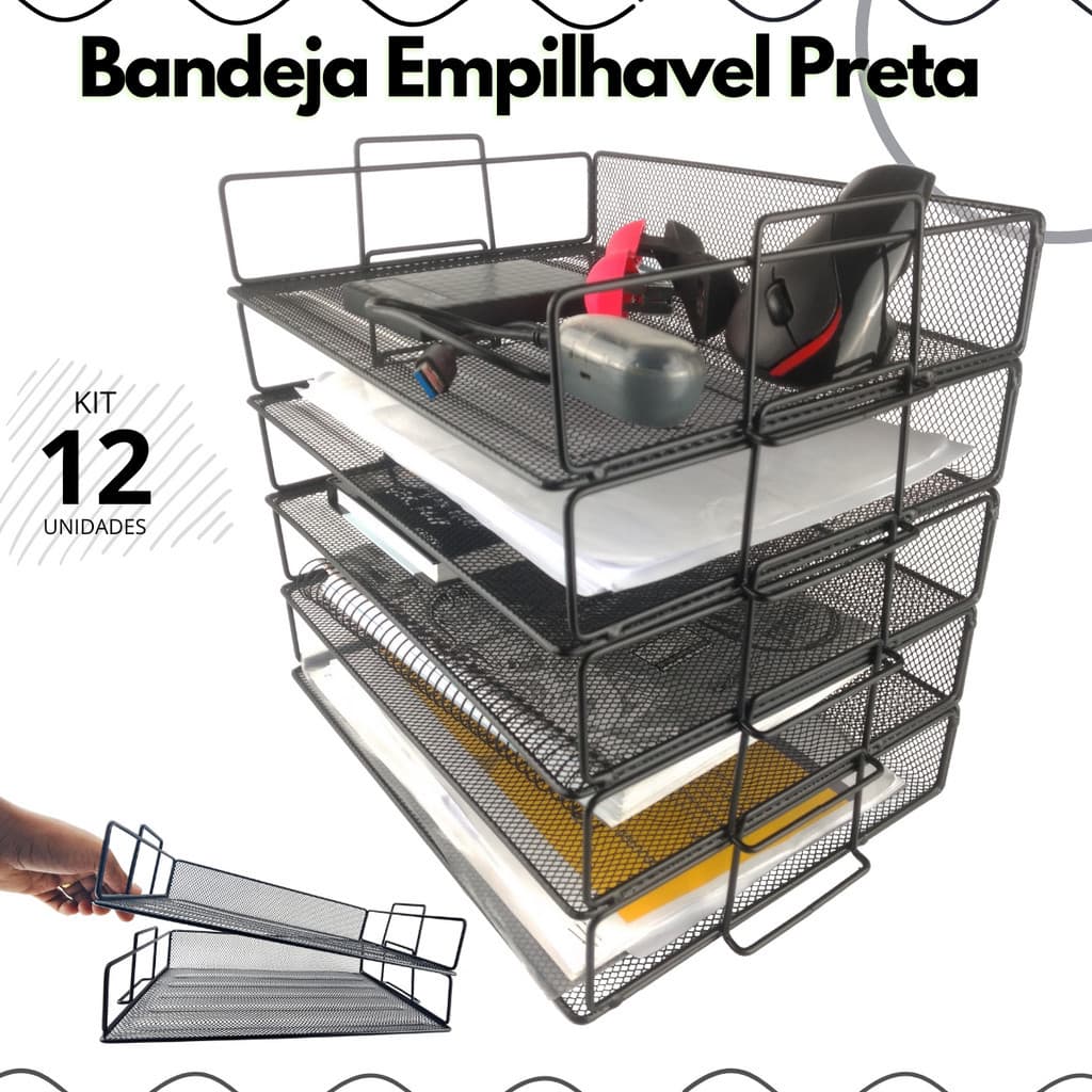 Kit 12 Bandeja Organizadora Empilhável Porta Arquivo Preto