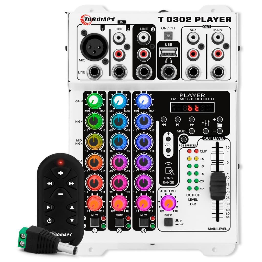 Mesa De Som Taramps T0302 Player Multicolor Bluetooth 3 Canais 2 Saídas 12 Volts RGB 72 Efeitos