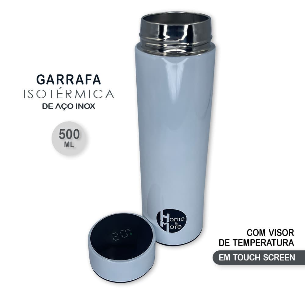 Garrafa de Água Isotérmica Digital em Aço Ínox 500ml - Branco - Squeeze Inteligente com Temperatura Sensor Digital - Garrafa de Academia Inteligente