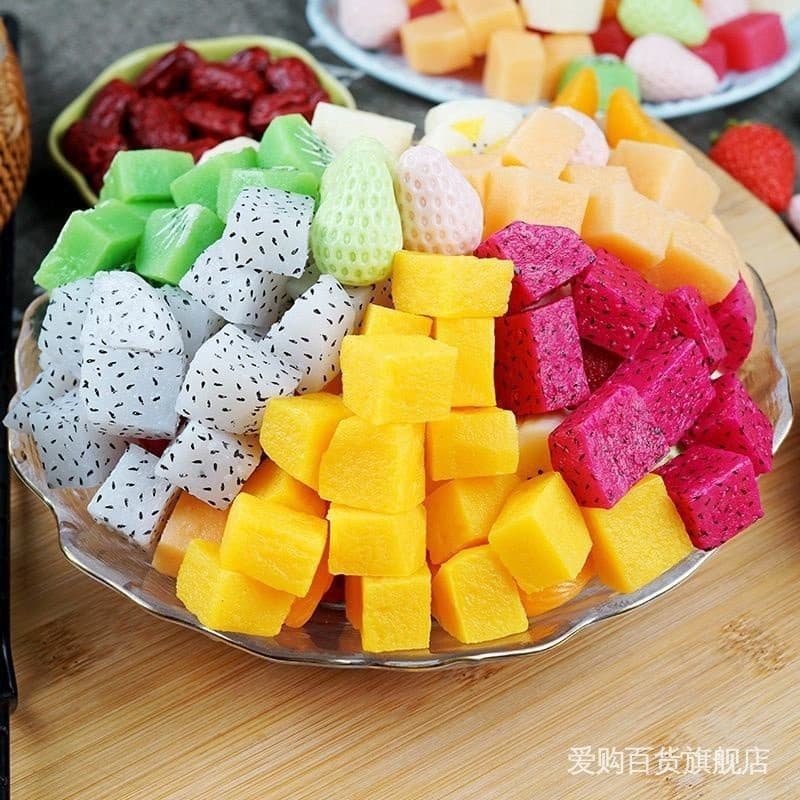 Simulação Pellets de Frutas Pellets de Frutas Pedaço de Bloco de Frutas Modelo Fake Strawberry Manga Blueberry Abacaxi Banana Adereços de Cereja Ornamentos Frutas Vegetais