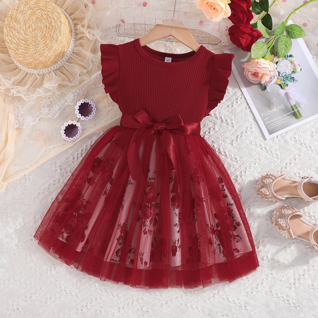Vestido Festa Infantil Meninas 3-7 Anos Algodão Renda Floral Manga Asa Vinho Presente