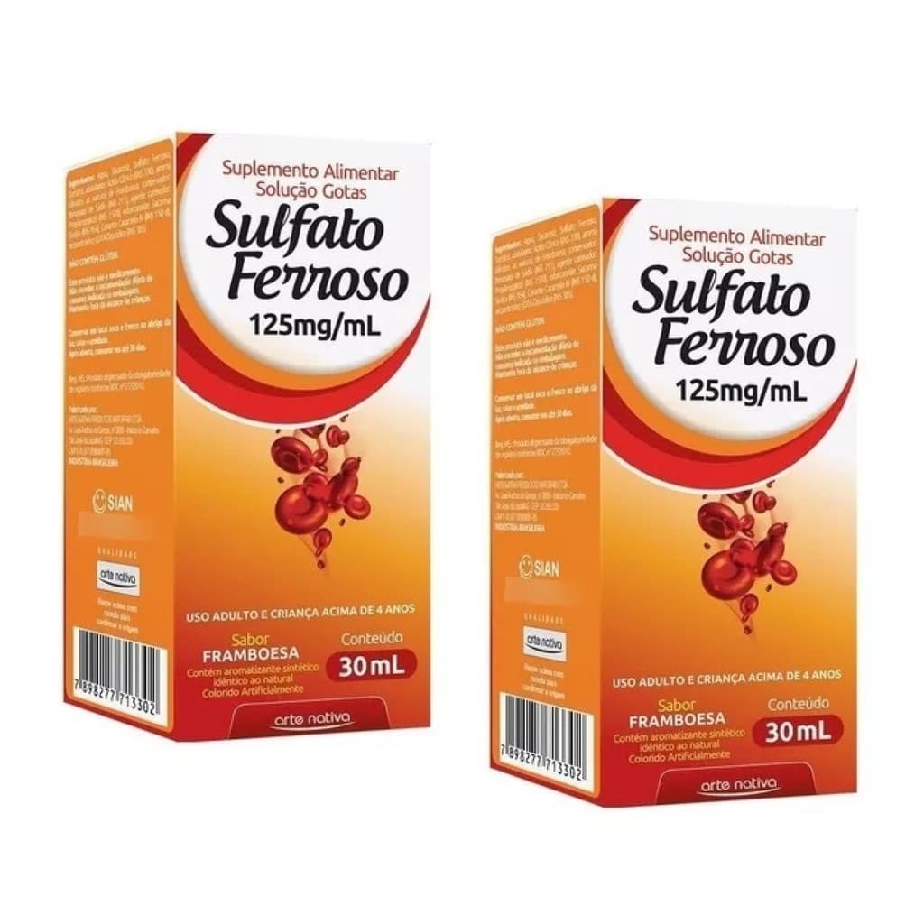 Kit 2 Sulfato Ferroso Gotas Sabor Framboesa 30ml Arte Nativa