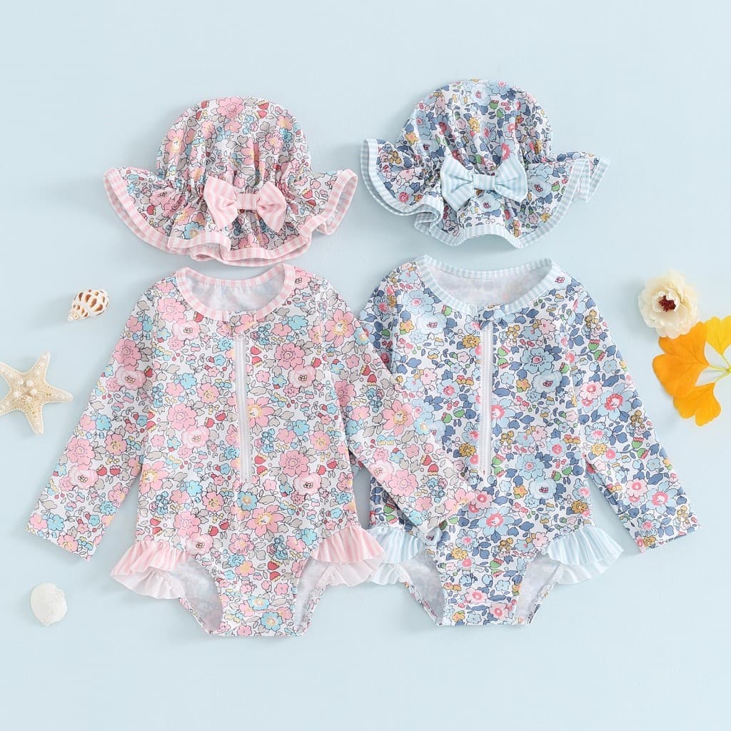 Maiô De Manga Comprida Com Estampa Floral Para Bebês Meninas Chapéu De Sol Laço
