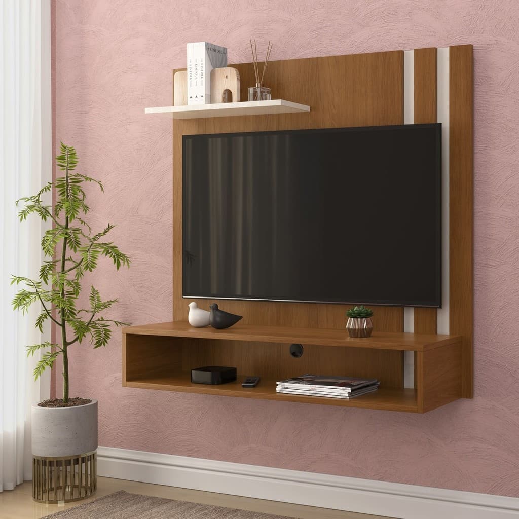 Painel para Tv Light 32 Polegadas com nicho prateleiras Sala quarto escritório - Freijó/Off white - Prado móveis