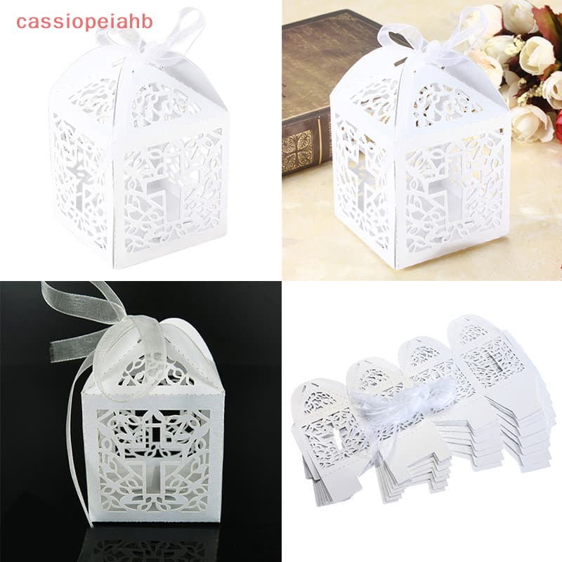 (cassiopeiahb) 10pcs Festa De Casamento Caixas De Doces Com Fita De Papel Cruz