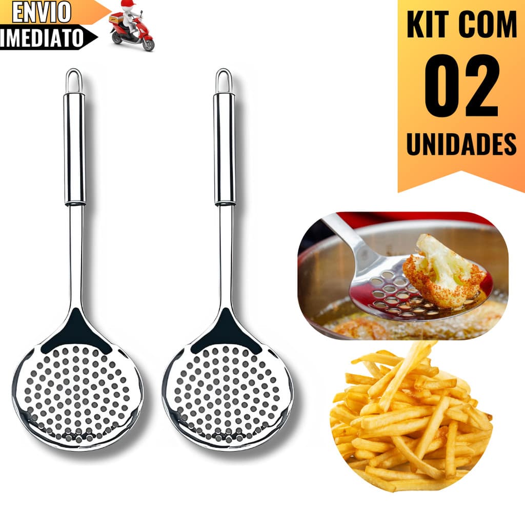 Kit 2 Escumadeiras de Inox 33cm – Resistência e Eficiência para Uso Doméstico, Profissional e Restaurantes